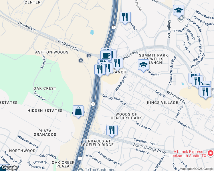 map of restaurants, bars, coffee shops, grocery stores, and more near 3200 Century Park Boulevard in Austin