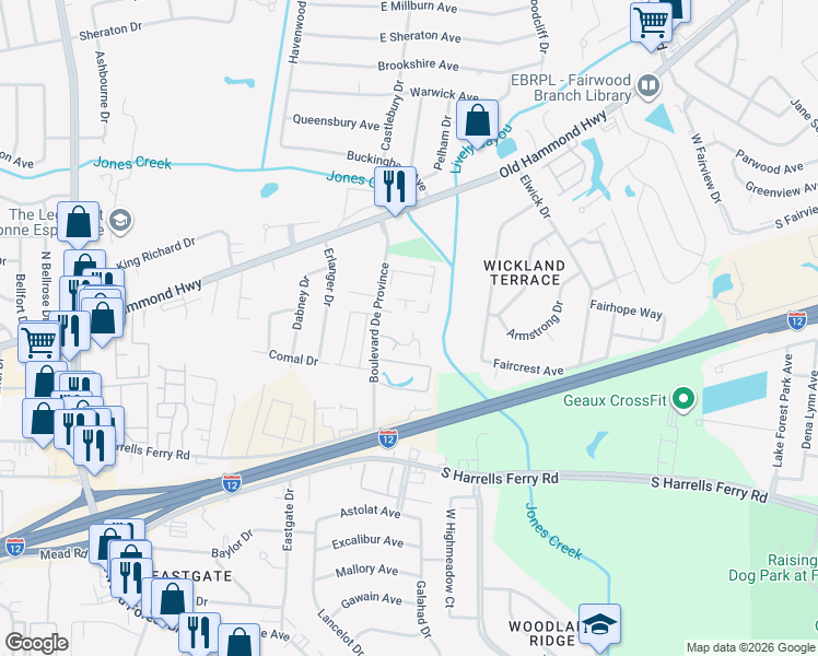 map of restaurants, bars, coffee shops, grocery stores, and more near 1855 Boulevard De Province in Baton Rouge
