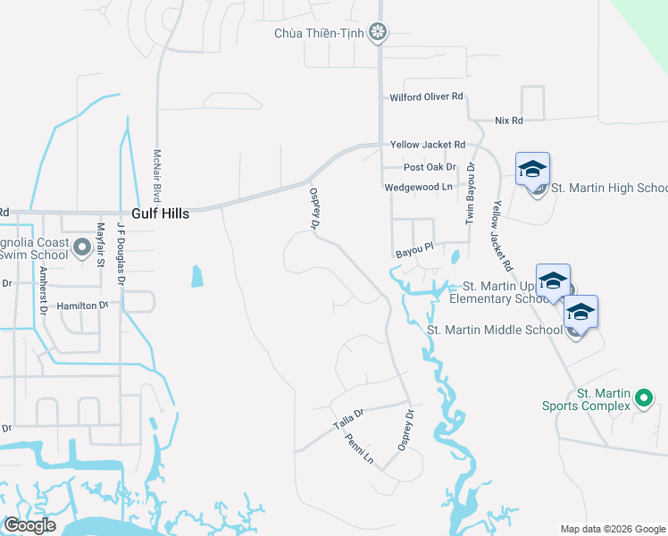 map of restaurants, bars, coffee shops, grocery stores, and more near Osprey Drive in Ocean Springs