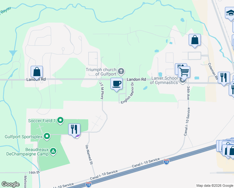 map of restaurants, bars, coffee shops, grocery stores, and more near 10235 English Manor Drive in Gulfport