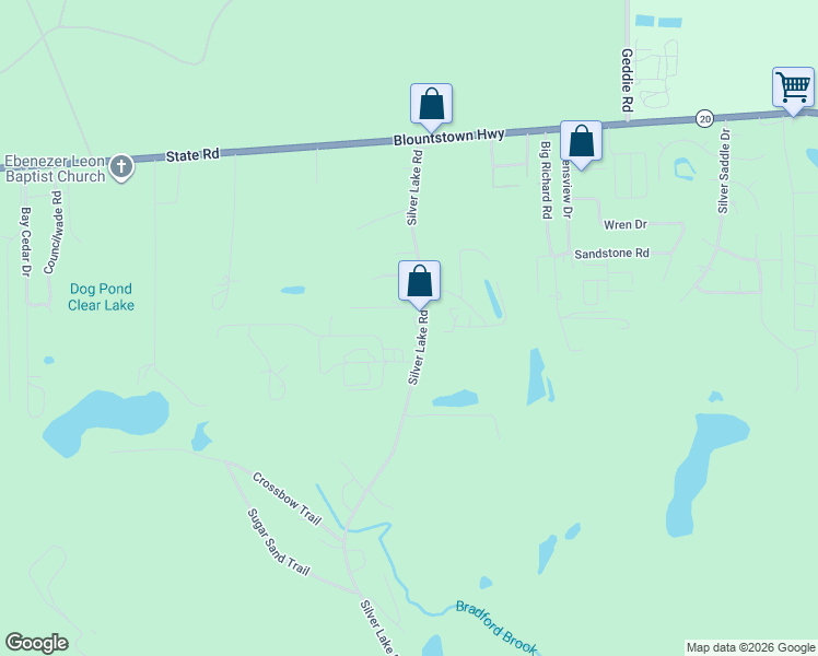 map of restaurants, bars, coffee shops, grocery stores, and more near 1720 Silver Lake Road in Tallahassee