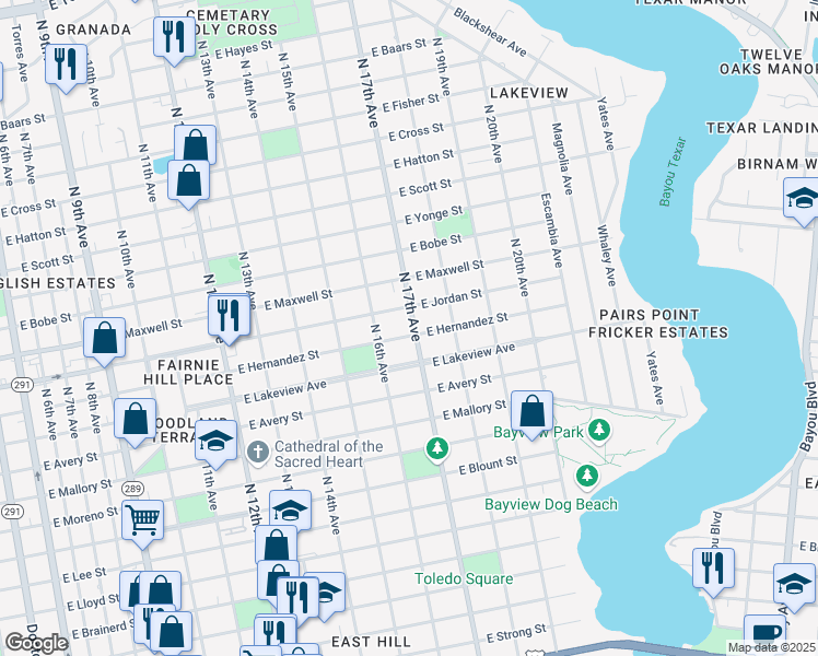 map of restaurants, bars, coffee shops, grocery stores, and more near 1620 E Hernandez St in Pensacola