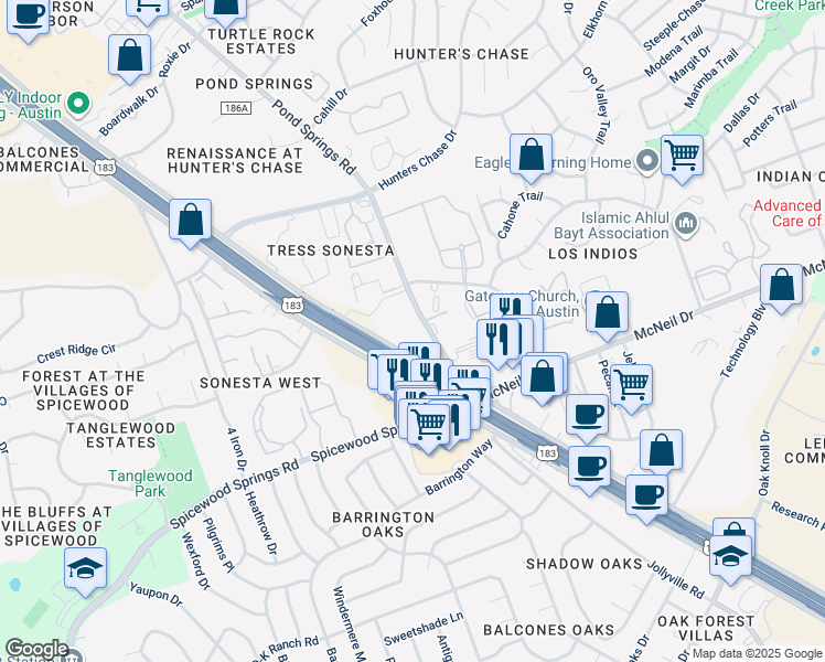 map of restaurants, bars, coffee shops, grocery stores, and more near 12850-12860 Pond Springs Rd in Austin