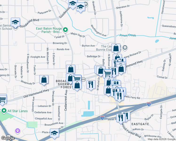 map of restaurants, bars, coffee shops, grocery stores, and more near 1869 Stonegate Court in Baton Rouge
