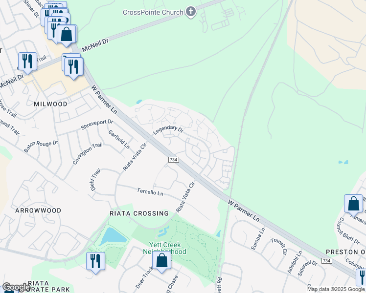 map of restaurants, bars, coffee shops, grocery stores, and more near 13401 Legendary Drive in Austin