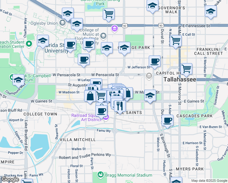 map of restaurants, bars, coffee shops, grocery stores, and more near 703 Railroad Avenue in Tallahassee