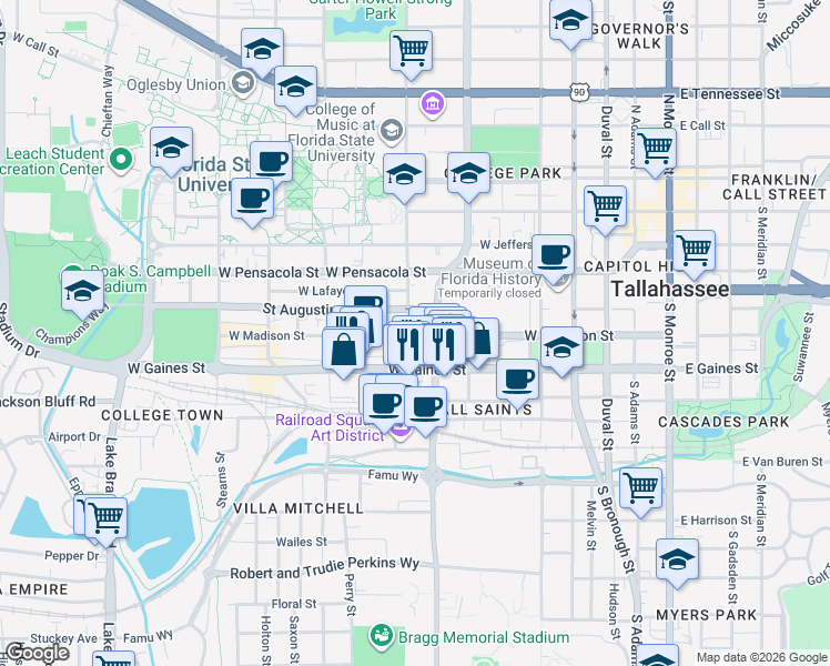 map of restaurants, bars, coffee shops, grocery stores, and more near 601 West Madison Street in Tallahassee