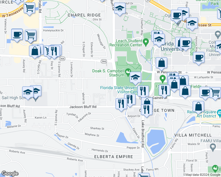 map of restaurants, bars, coffee shops, grocery stores, and more near 322 Hayden Road in Tallahassee