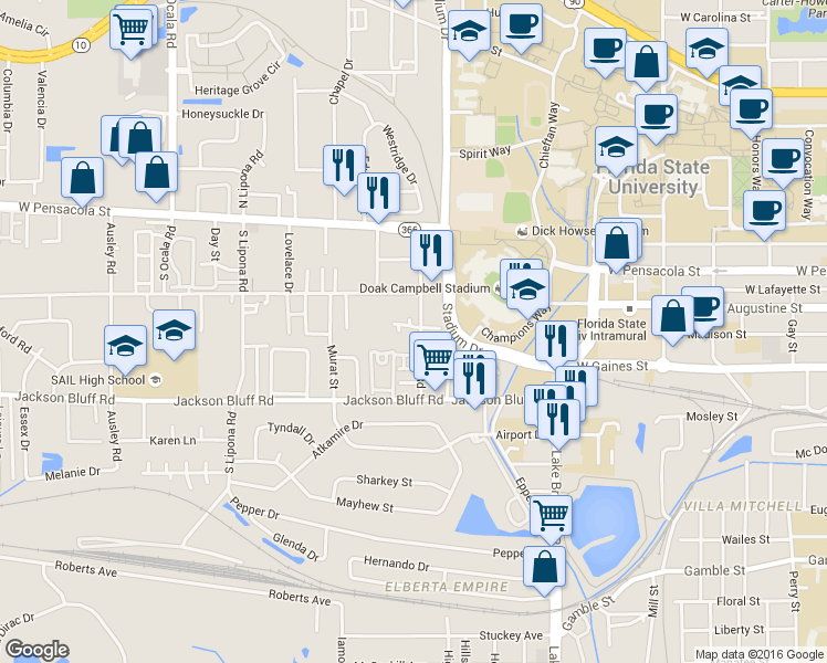 map of restaurants, bars, coffee shops, grocery stores, and more near 322 Hayden Road in Tallahassee