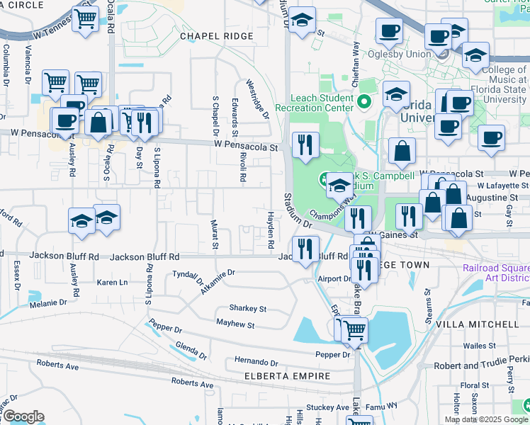 map of restaurants, bars, coffee shops, grocery stores, and more near 322 Hayden Road in Tallahassee