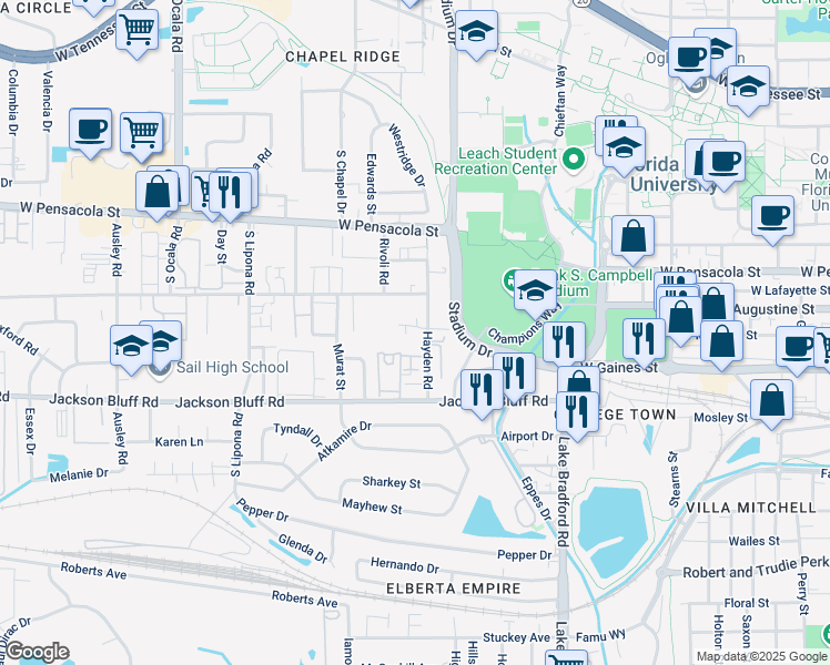 map of restaurants, bars, coffee shops, grocery stores, and more near 322 Hayden Road in Tallahassee