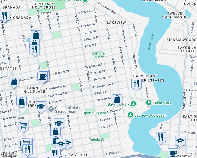 map of restaurants, bars, coffee shops, grocery stores, and more near 1911 North 18th Avenue in Pensacola