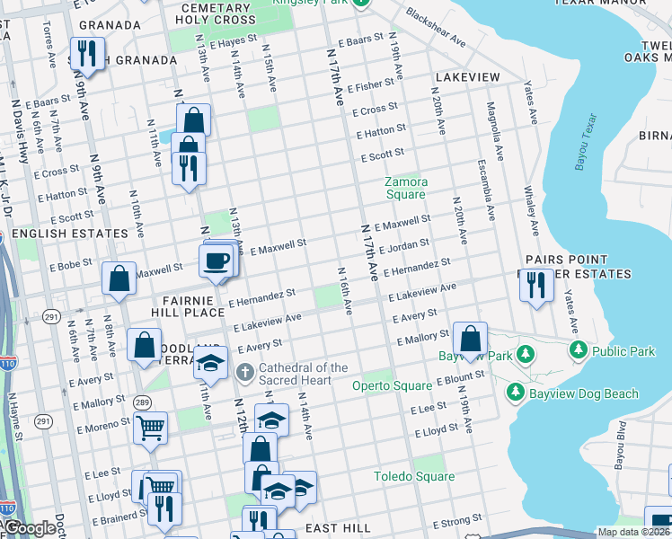 map of restaurants, bars, coffee shops, grocery stores, and more near 1520 East Hernandez Street in Pensacola