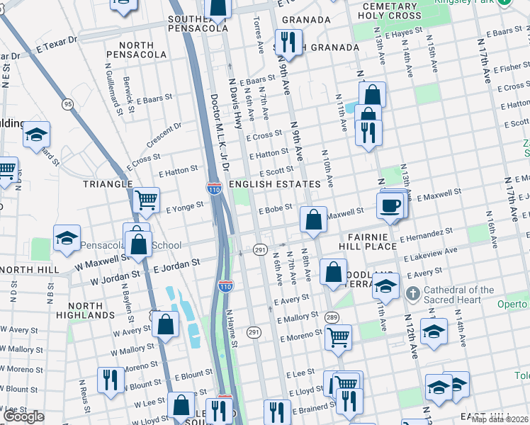map of restaurants, bars, coffee shops, grocery stores, and more near 2215 North 6th Avenue in Pensacola