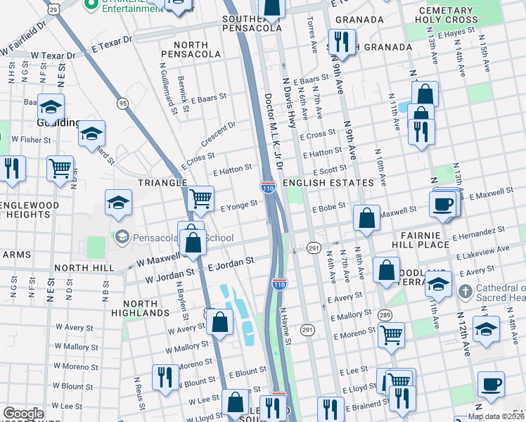 map of restaurants, bars, coffee shops, grocery stores, and more near 2311 North Hayne Street in Pensacola