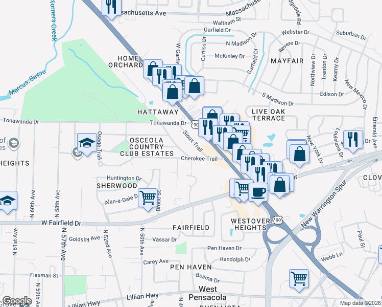 map of restaurants, bars, coffee shops, grocery stores, and more near 106 Cherokee Trail in Pensacola