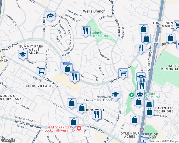 map of restaurants, bars, coffee shops, grocery stores, and more near 14201 Sussman Court in Austin
