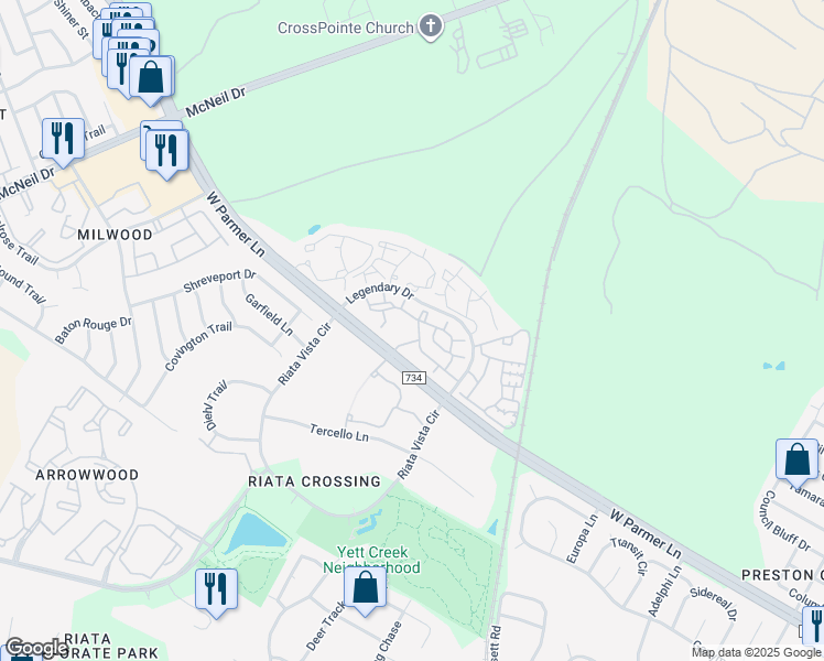 map of restaurants, bars, coffee shops, grocery stores, and more near 5400 West Parmer Lane in Austin