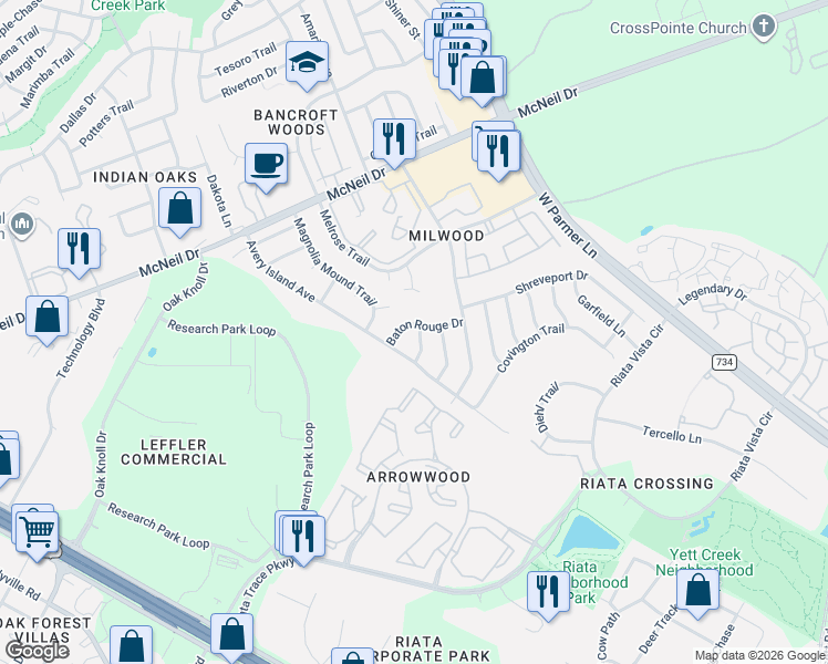 map of restaurants, bars, coffee shops, grocery stores, and more near 12706 La Salle Drive in Austin