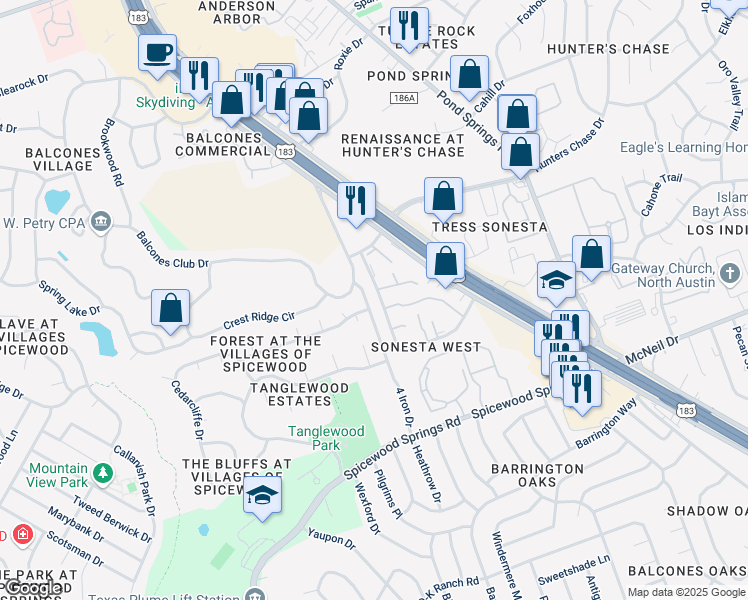 map of restaurants, bars, coffee shops, grocery stores, and more near 8600 Lemens Spice Trail in Austin