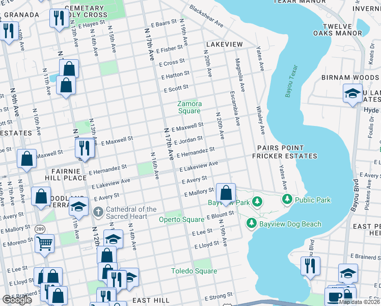 map of restaurants, bars, coffee shops, grocery stores, and more near 1911 North 18th Avenue in Pensacola