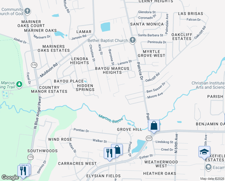 map of restaurants, bars, coffee shops, grocery stores, and more near 2754 King Street in Pensacola