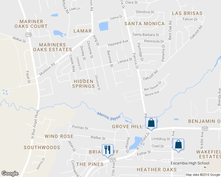 map of restaurants, bars, coffee shops, grocery stores, and more near 2754 King Street in Pensacola