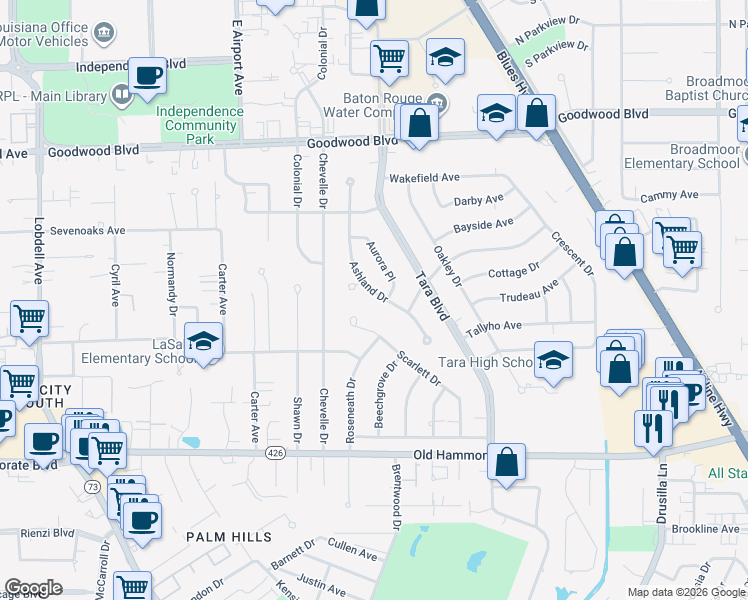 map of restaurants, bars, coffee shops, grocery stores, and more near 1270 Ashland Drive in Baton Rouge
