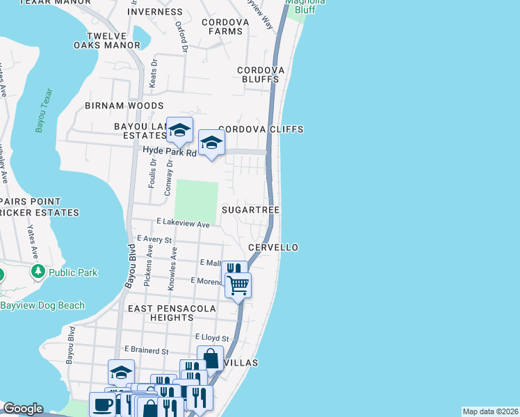 map of restaurants, bars, coffee shops, grocery stores, and more near 2330 Sugartree Avenue in Pensacola