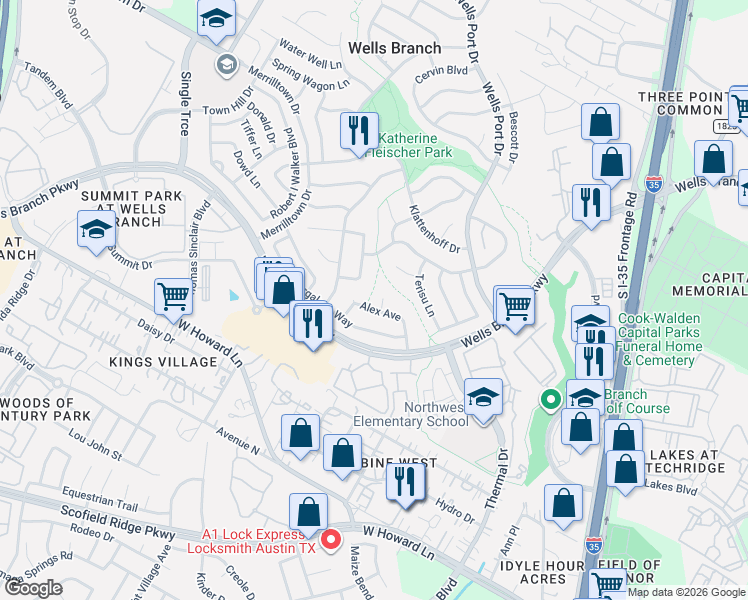 map of restaurants, bars, coffee shops, grocery stores, and more near 14202 Sussman Court in Austin