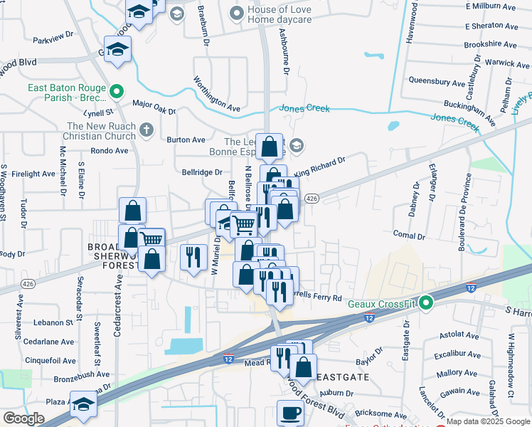 map of restaurants, bars, coffee shops, grocery stores, and more near Old Hammond Hwy & Sherwood Forest Blvd in Baton Rouge