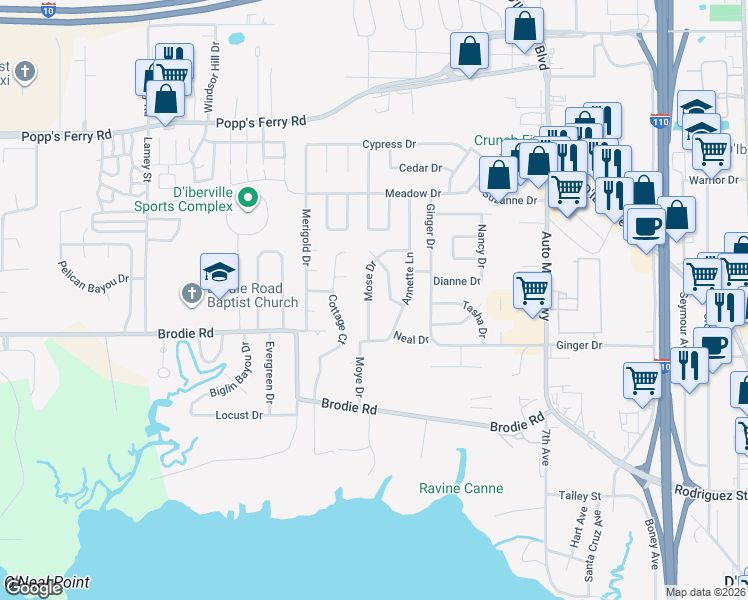 map of restaurants, bars, coffee shops, grocery stores, and more near 424 Mose Drive in D'Iberville