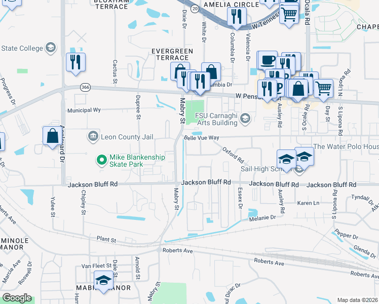 map of restaurants, bars, coffee shops, grocery stores, and more near 2349 Yorkshire Drive in Tallahassee