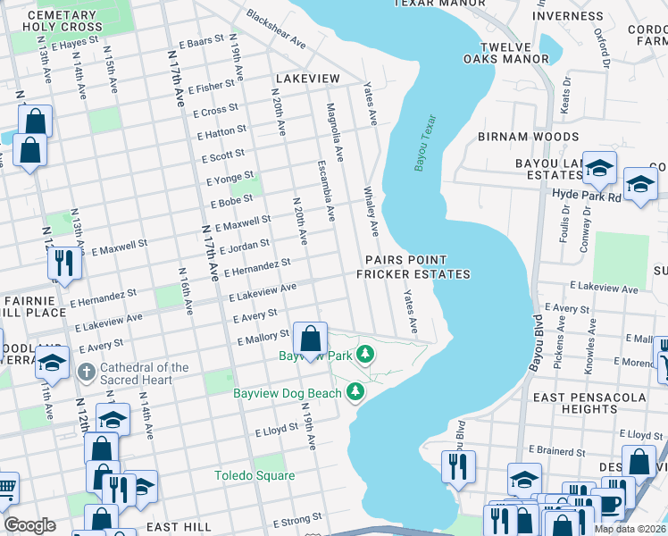 map of restaurants, bars, coffee shops, grocery stores, and more near 2014 East Lakeview Avenue in Pensacola