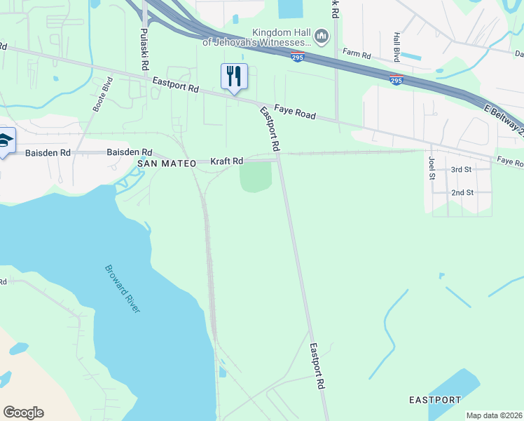 map of restaurants, bars, coffee shops, grocery stores, and more near 10030 Eastport Road in Jacksonville