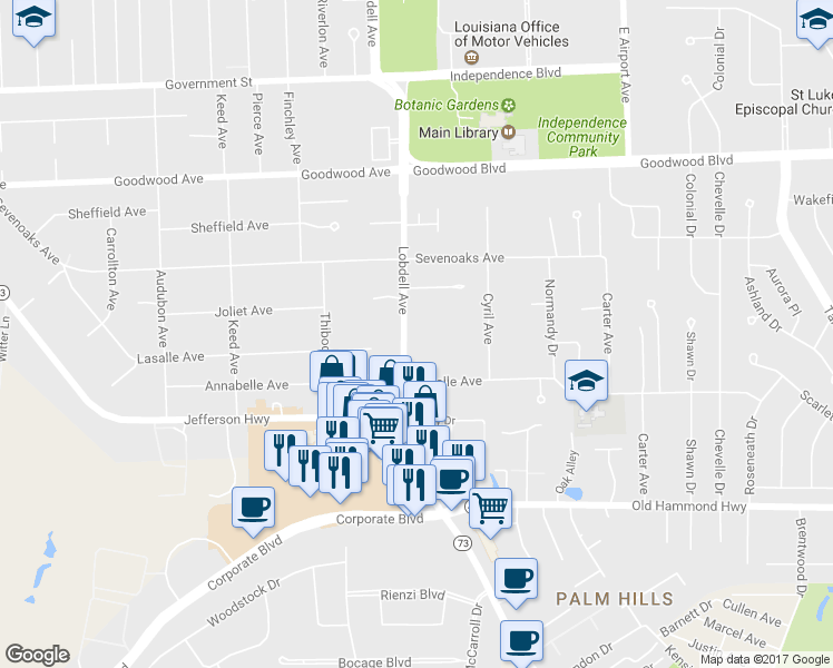 map of restaurants, bars, coffee shops, grocery stores, and more near 1433 Lobdell Avenue in Baton Rouge