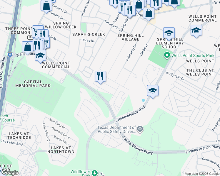 map of restaurants, bars, coffee shops, grocery stores, and more near Durness Dr in Pflugerville