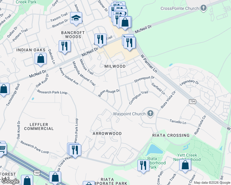map of restaurants, bars, coffee shops, grocery stores, and more near 12719 Acadian Trail in Austin