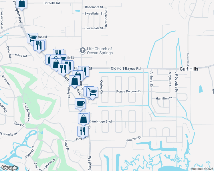 map of restaurants, bars, coffee shops, grocery stores, and more near 6613 Cortez Circle in Ocean Springs