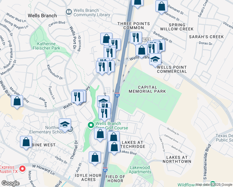 map of restaurants, bars, coffee shops, grocery stores, and more near 3500 North Interstate Highway 35 in Round Rock
