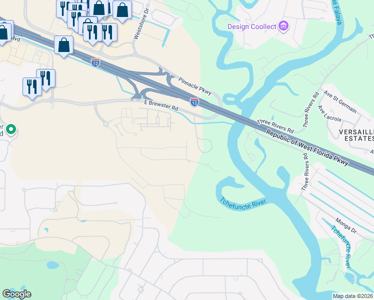map of restaurants, bars, coffee shops, grocery stores, and more near Ox Bow Court in St. Tammany Parish