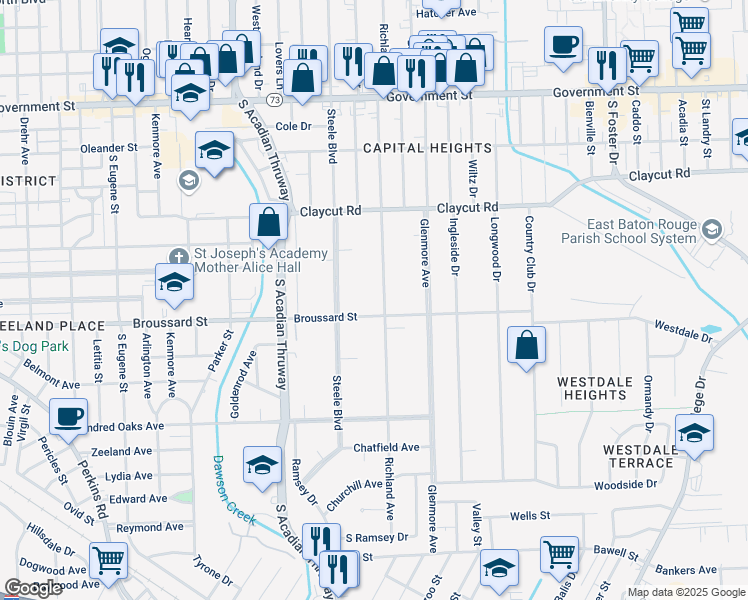 map of restaurants, bars, coffee shops, grocery stores, and more near 1378 Richland Avenue in Baton Rouge