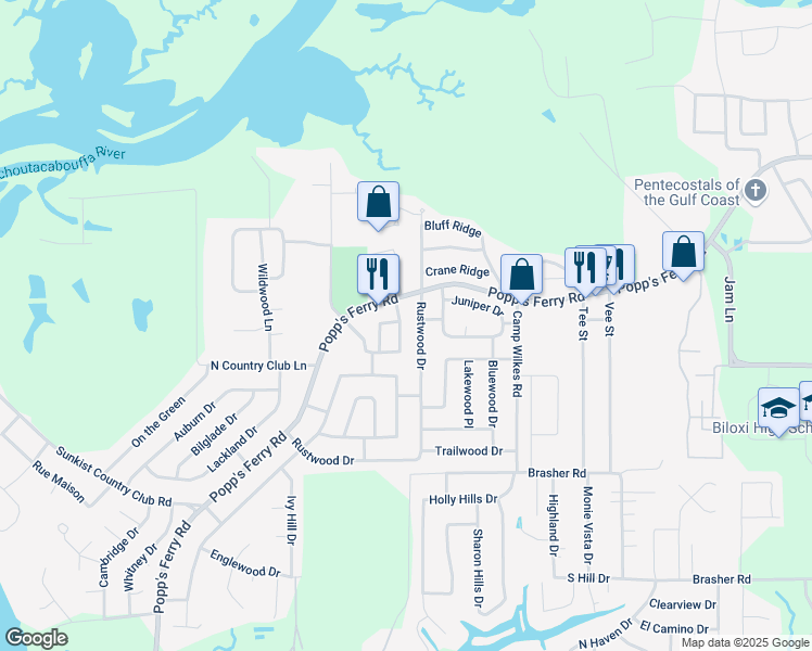 map of restaurants, bars, coffee shops, grocery stores, and more near 879 Rustwood Drive in Biloxi