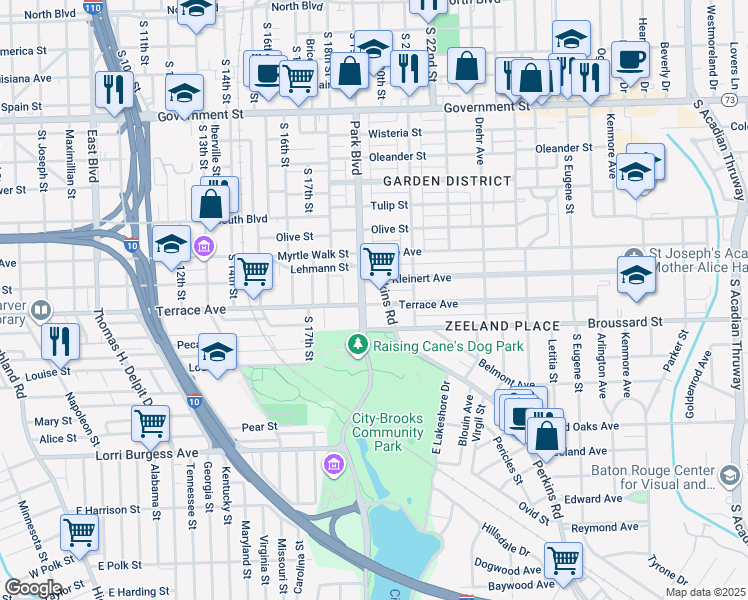 map of restaurants, bars, coffee shops, grocery stores, and more near 1920 Terrace Avenue in Baton Rouge
