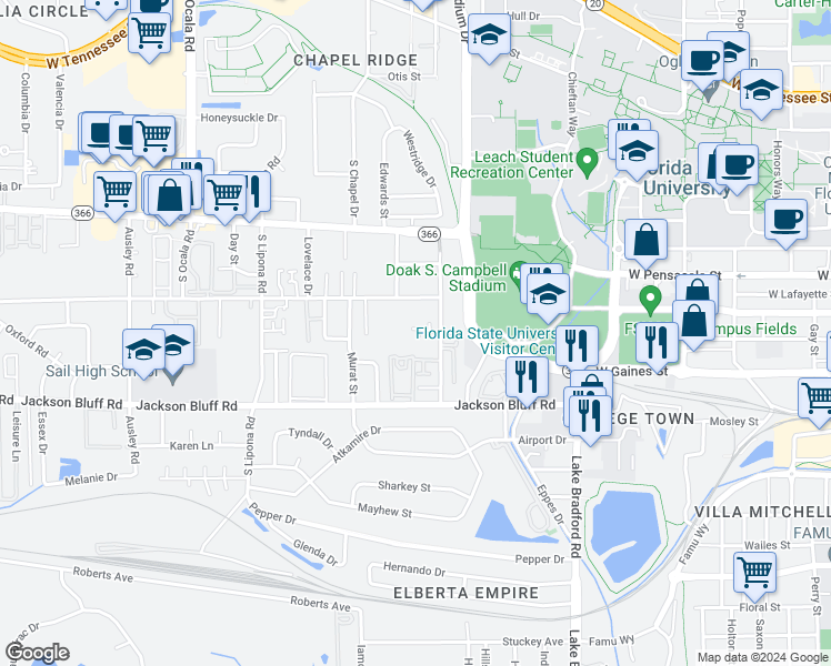 map of restaurants, bars, coffee shops, grocery stores, and more near 378 Hayden Road in Tallahassee