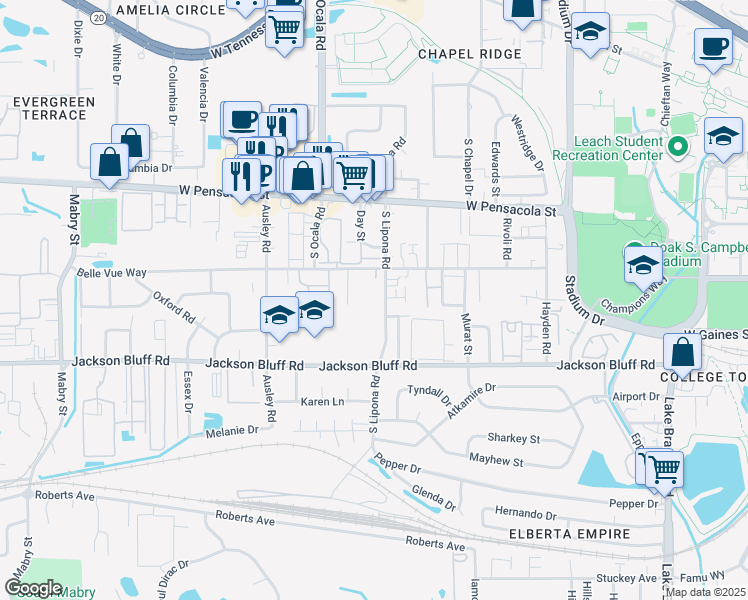 map of restaurants, bars, coffee shops, grocery stores, and more near 322 South Lipona Road in Tallahassee