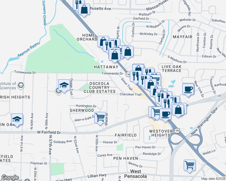 map of restaurants, bars, coffee shops, grocery stores, and more near 224 Cherokee Trail in Pensacola