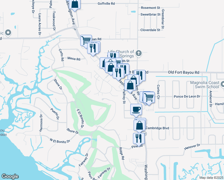 map of restaurants, bars, coffee shops, grocery stores, and more near 6721 Washington Avenue in Ocean Springs