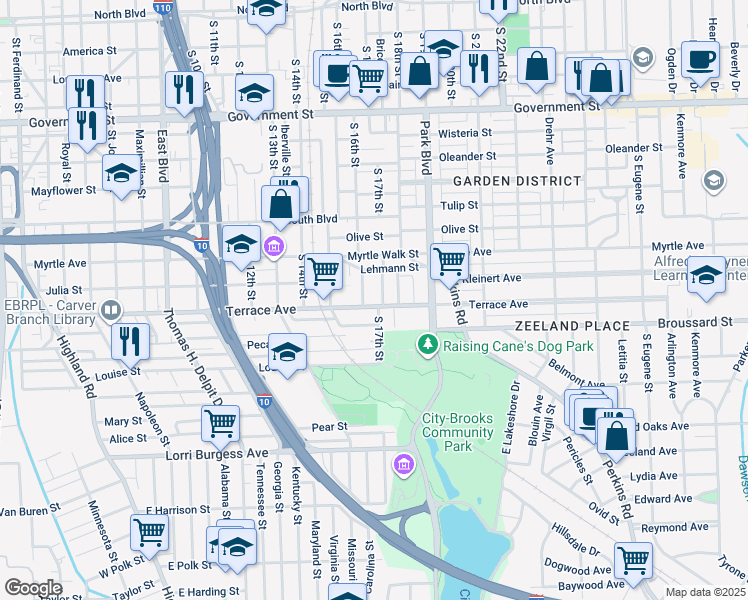 map of restaurants, bars, coffee shops, grocery stores, and more near 1616 Terrace Avenue in Baton Rouge