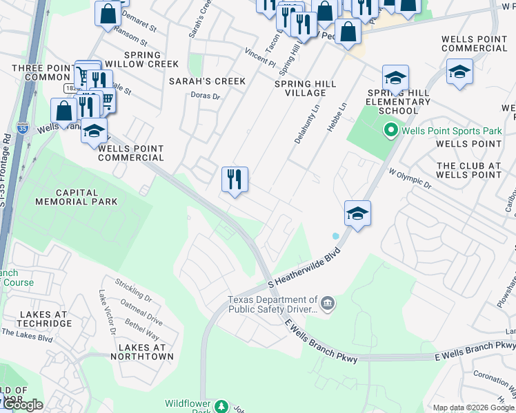 map of restaurants, bars, coffee shops, grocery stores, and more near Durness Dr in Pflugerville